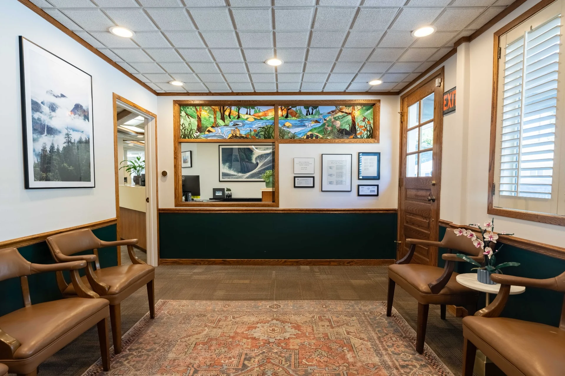 Dental office reception desk and waiting area